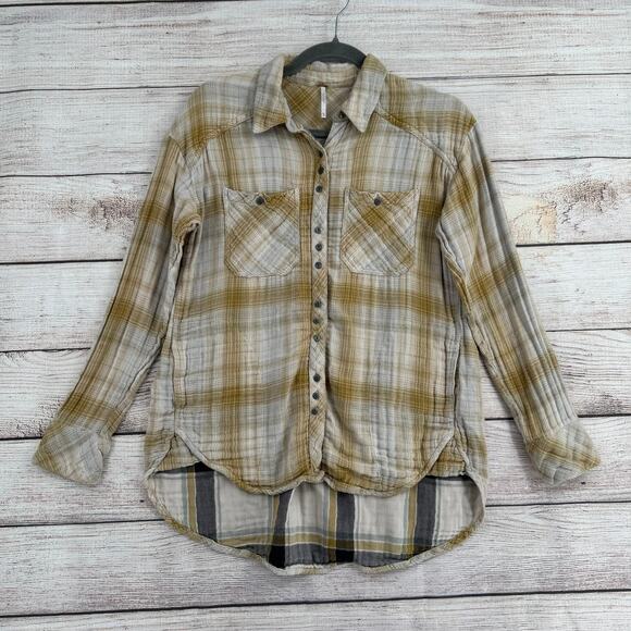 Free People Plaid Button Down 4 Pocket Shirt Womens XS Beige Tan - Picture 1 of 13